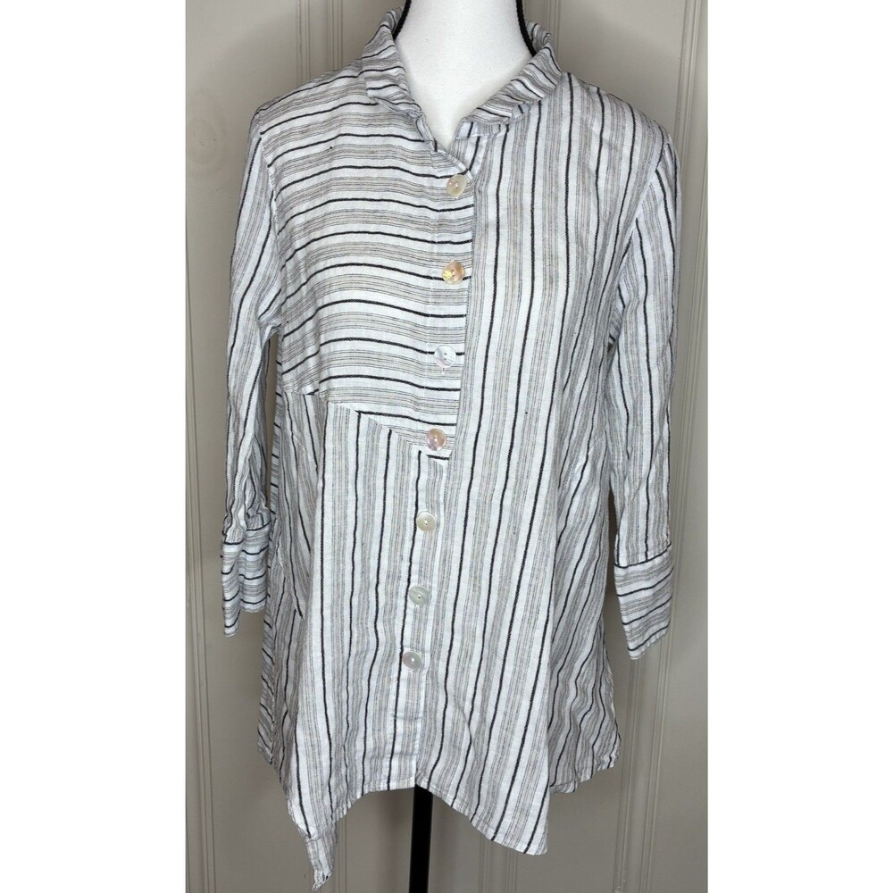 Ali Miles tunic top Sz M 3/4 sleeve asymmetric hemline lagenlook linen cotton